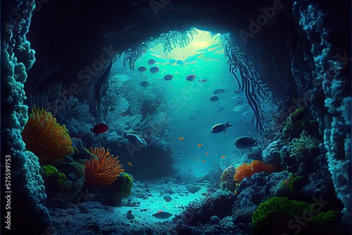 Generative AI illustration of underwater world at the depth of the ocean. Underwater gorges and tunnel, organisms and fish. Underwater deep world, sea darkness, algae glow, blue neon, corals.