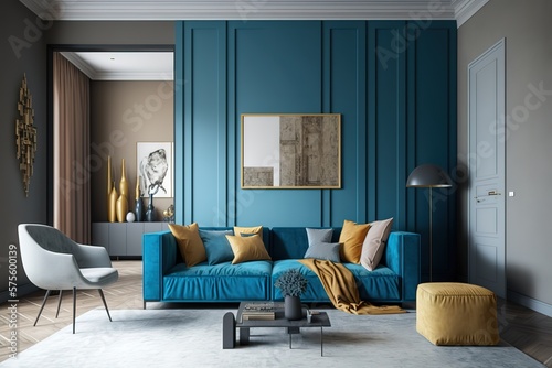 A modern living room, in a minimalist millenium crib, high ceiling and filled with warm blue and khaki colour as the wall blend in with the design of the furniture © Azar