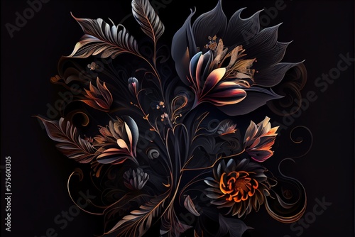 Generative AI illustration of beautiful dark abstract exotic flowers. Luxurious dark ink flowers and patterns.