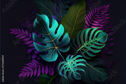 Generative AI illustration of Dark green tropical leaves colorful neon light, backlight, leaves composition, plant background, manstera, palm leaves photo