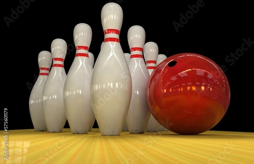 A group of bowling pins stands near a bowling ball on a lane 3D render