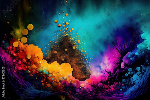 Generative AI illustration of Fusion between Pointillism and Alcohol ink painting  Vibrant  Glowing  A storm Approaching  metallic ink  ethereal  Wallpaper