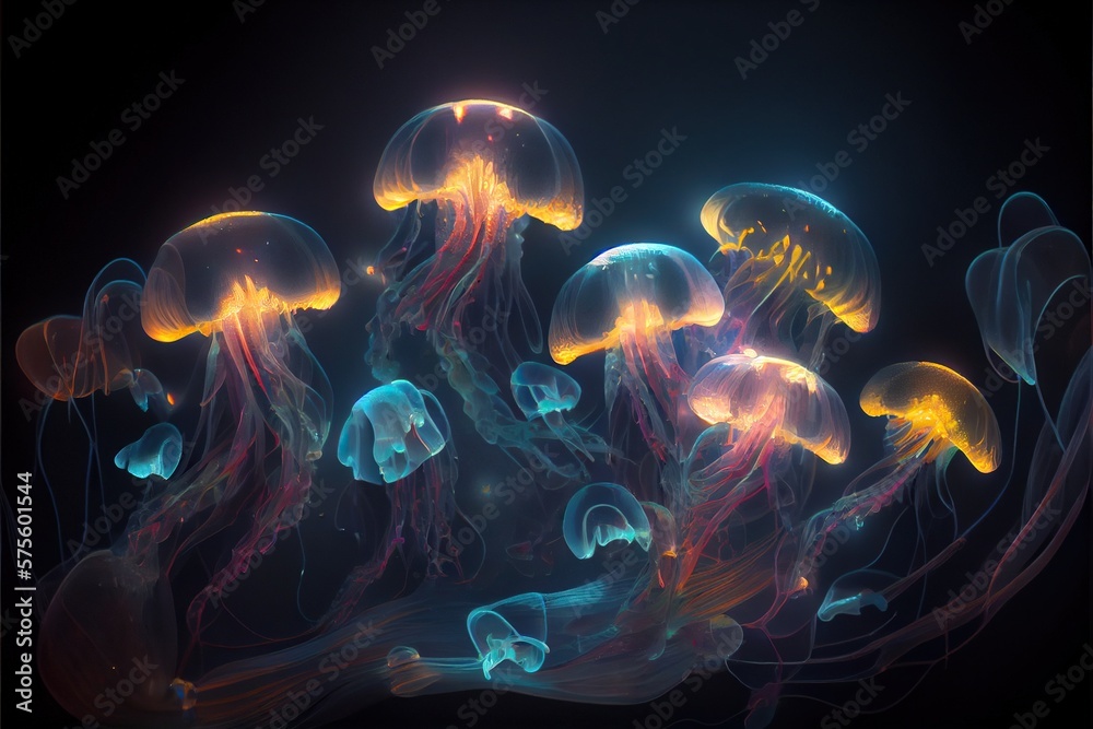 Generative AI illustration of Glowing sea jellyfishes on dark background, light, magic, sea