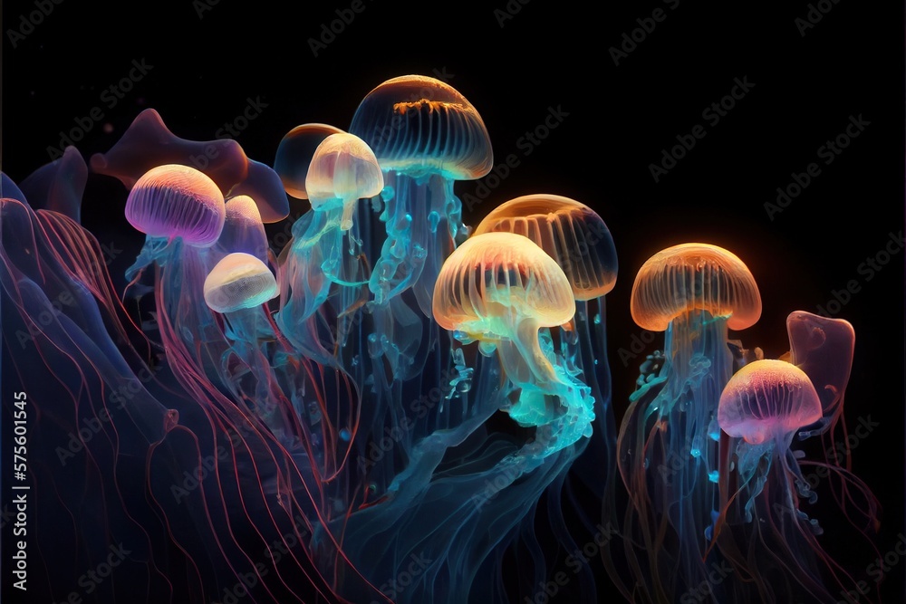 Generative AI illustration of Glowing sea jellyfishes on dark background, light, magic, sea Generative AI illustration of Glowing sea jellyfishes on dark background, light, magic, sea