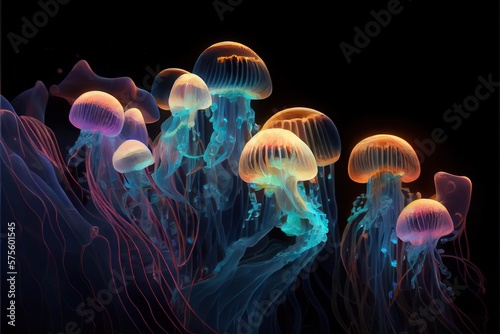 Generative AI illustration of Glowing sea jellyfishes on dark background, light, magic, sea © CravenA