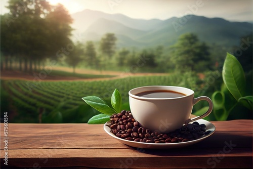 Generative AI illustration of Cup of coffee and coffee beans on old wooden table and the plantations tea hill background