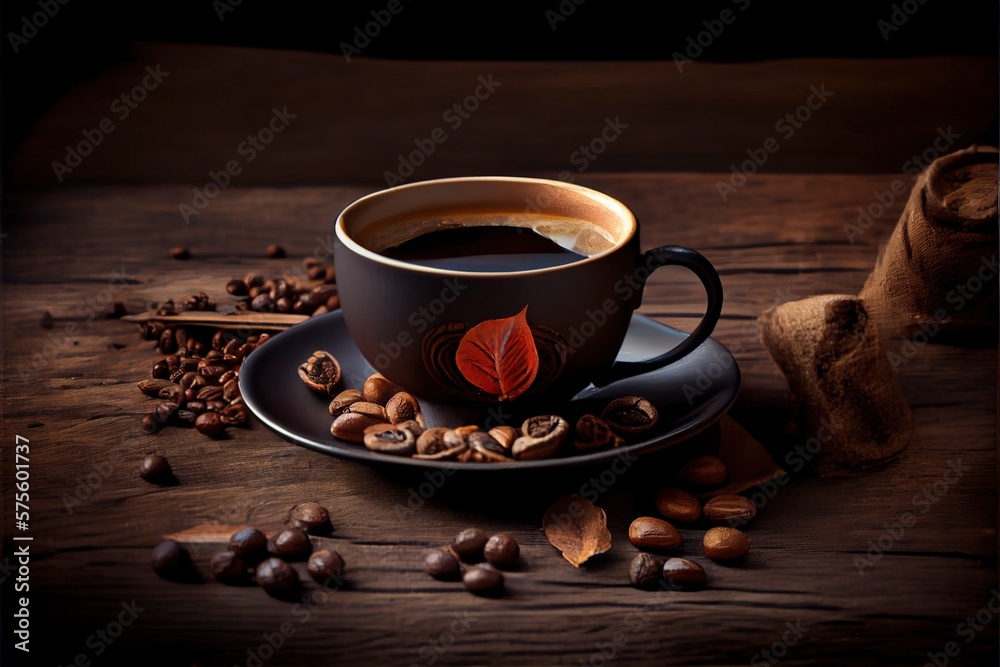 Generative AI illustration of Cup of coffee and coffee beans on old wooden table and the plantations tea hill background Generative AI illustration of Cup of coffee and coffee beans on old wooden table and the plantations tea hill background