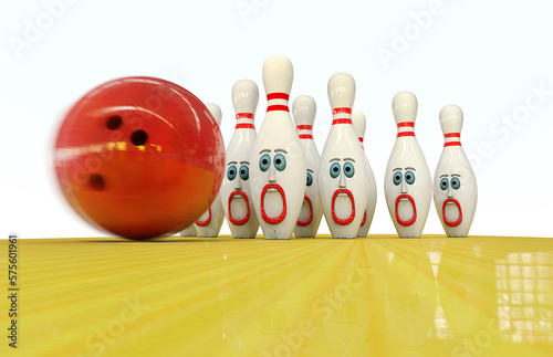 Red bowling ball next to bowling pins with painted faces 3d render