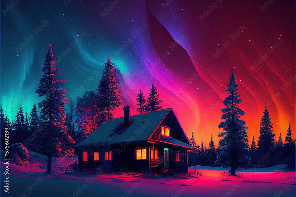 Generative AI illustration of Northern lights at the edge of the north ...