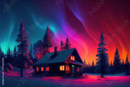 Generative AI illustration of Northern lights at the edge of the north. A small house in the forest with a view of the bright northern lights. Winter night forest landscape