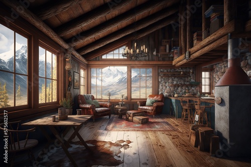 Rustic wooden mountain cabin interior