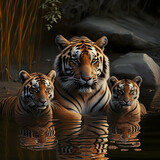 Tiger and young bengal tiger cub. Generative AI