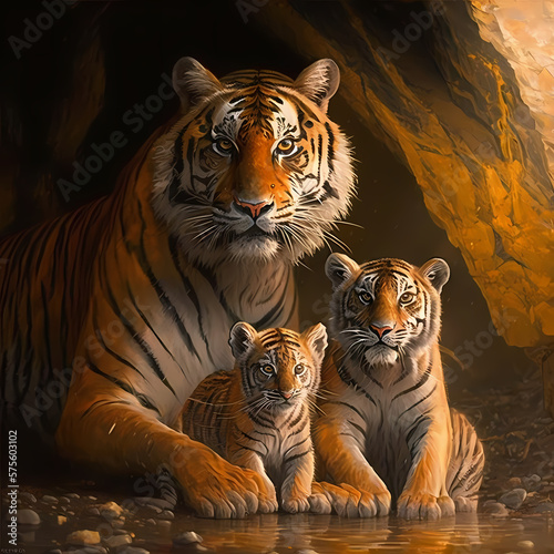 Tiger and young bengal tiger cub. Generative AI