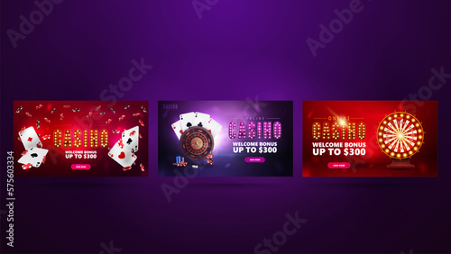 Collection of casino banners with casino elements. Web banners with playing cards, roulette and lottery wheel