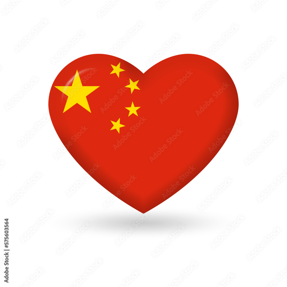 China heart flag 3d icon, badge or button. Chinese national symbol. Vector illustration.