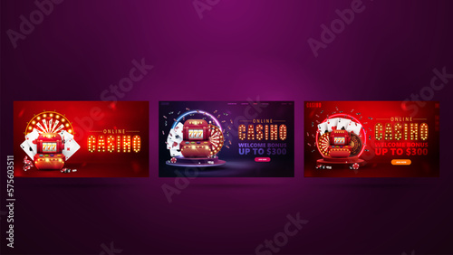 Collection of casino banners with casino slot machines, wheel of fortune and playing cards