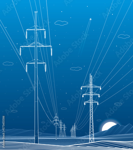 High voltage transmission systems. Electric pole. Power lines. A network of interconnected electrical. Energy pylons. City electricity infrastructure. White otlines on blue background. Vector design