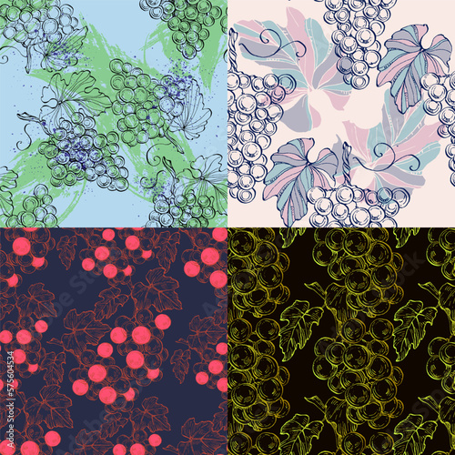 Seamless pattern with grape branch. Wineyard retro wallpaper. Garden background Sketch wild flower for background, texture, wrapper pattern, frame or border.