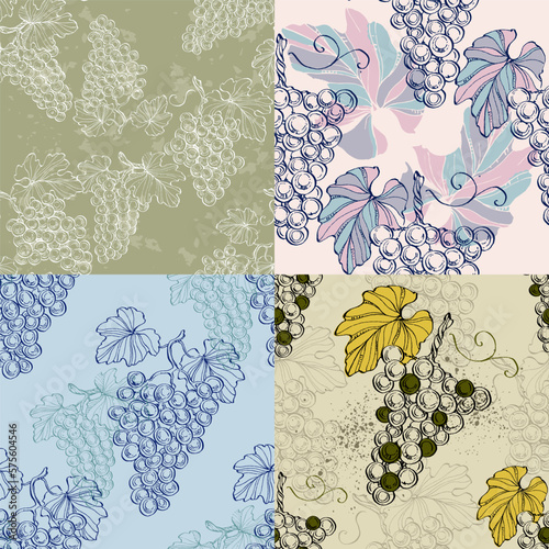 Seamless pattern with grape branch. Wineyard retro wallpaper. Garden background Sketch wild flower for background, texture, wrapper pattern, frame or border.