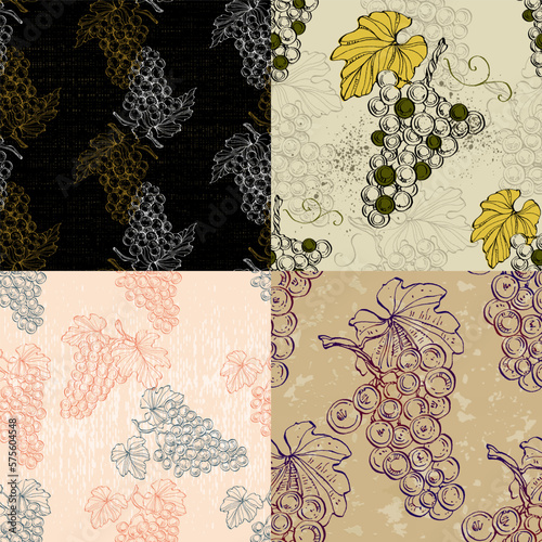 Seamless pattern with grape branch. Wineyard retro wallpaper. Garden background Sketch wild flower for background, texture, wrapper pattern, frame or border.