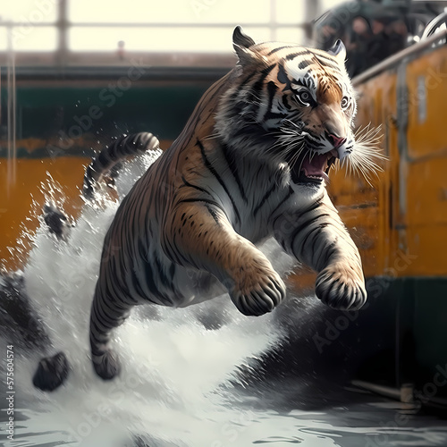 Roaring and Jumping Tiger. Generative AI