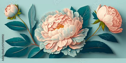 Fototapeta Naklejka Na Ścianę i Meble -  Delicate peony flowers close-up on blue background, mother's day postcard concept, women's day, wedding. Design with flowers space for text, copy space. Generative AI