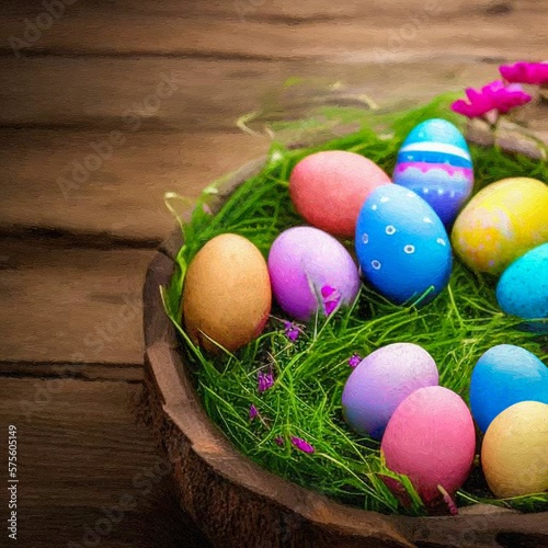 Easter eggs in the nest. Congratulations and gifts for Easter. Illustration