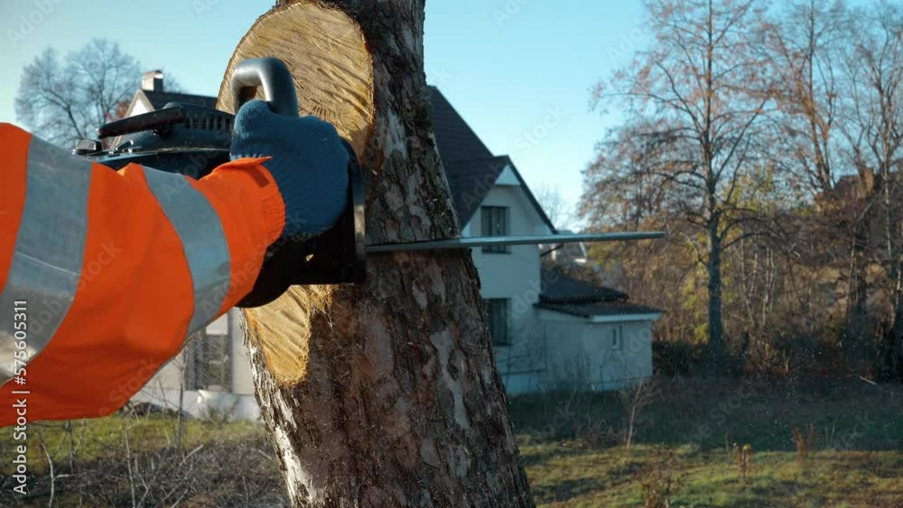 Sawing trees with a chainsaw at height. Arborist cutting tree trunk with a chainsaw.