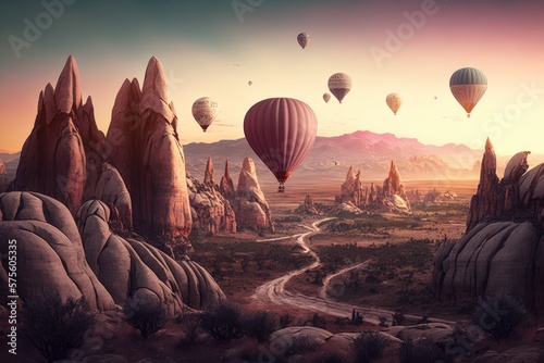 A Breathtaking Sunset in the Valley of Air Balloons Generative AI