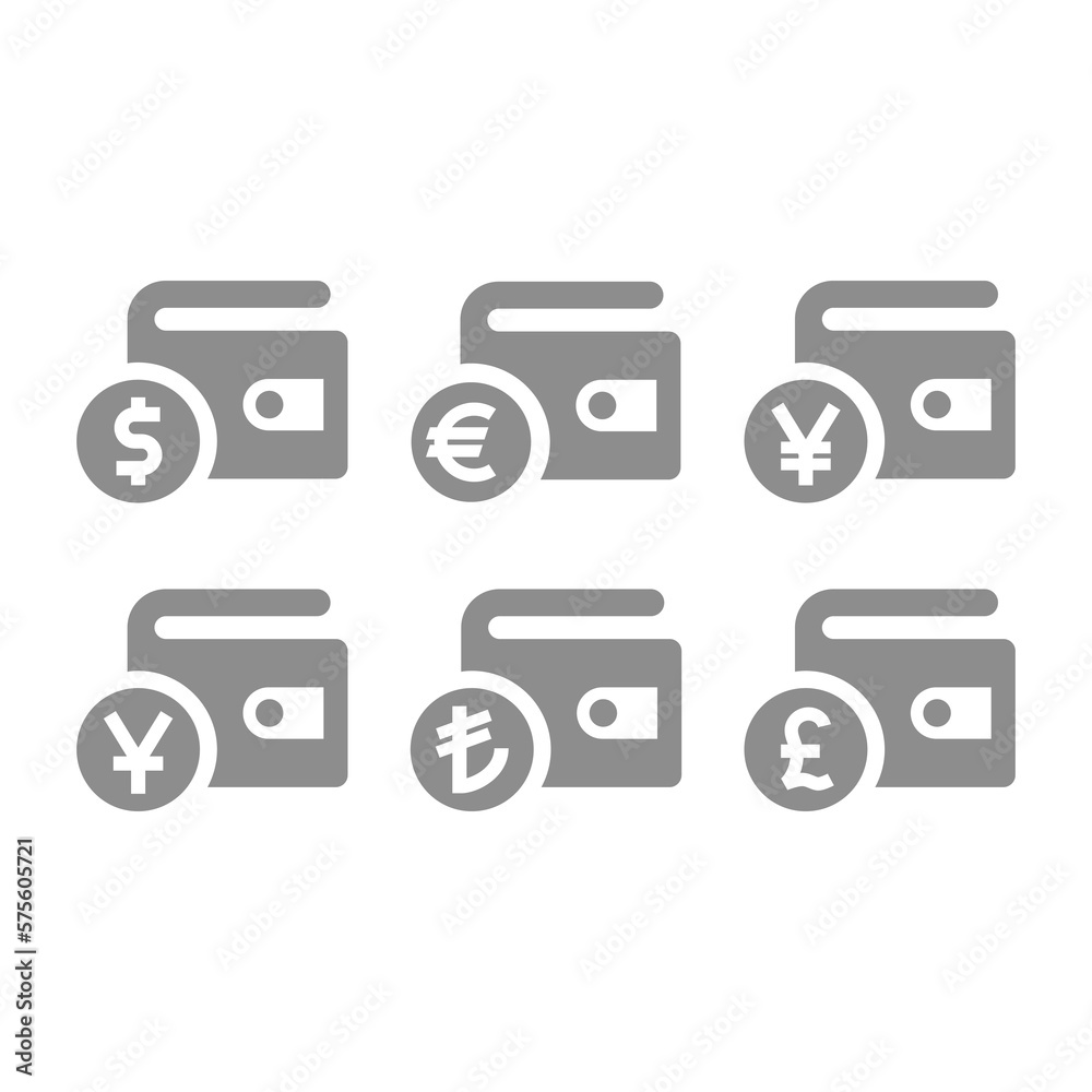 Wallet and currency coin vector icon set. Dollar, euro, British pound currencies icons. Wallet and currency coin vector icon set. Dollar, euro, British pound currencies icons.