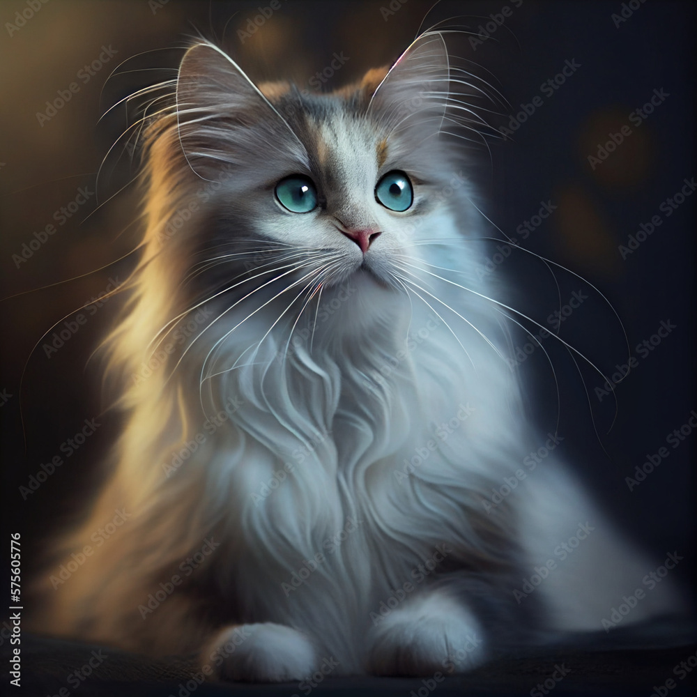 A painting of a cat with long whiskers and a black background Generative ai