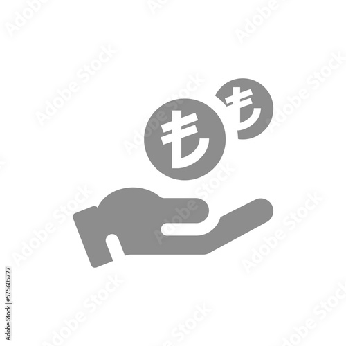 Human hand and money dropping Turkish lira coin icon. Savings and payment concept vector fill symbol.
