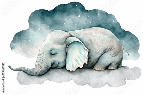 Cute watercolor hand drawn artwork of an elephant sleeping on a cloud on a white, generative AI © Kien