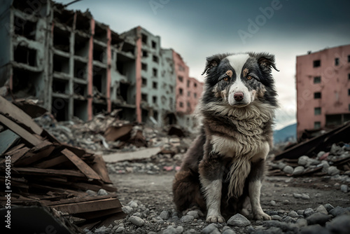 A homeless red dog against the backdrop of a ruined city after an earthquake, a homeless animal after the disaster in Turkey and Syria, a lonely dog left behind. Generative AI photo