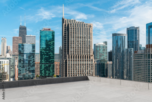 Skyscrapers Cityscape Downtown, Chicago Skyline Buildings. Beautiful Real Estate. Day time. Empty rooftop View. Success concept.