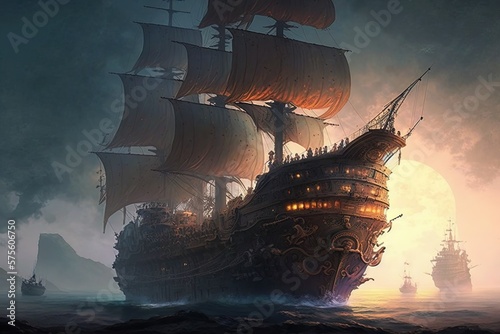 Shrouded In Mystery, a Gigantic Galleon Harboring an Armada of Plunderers Generative AI
