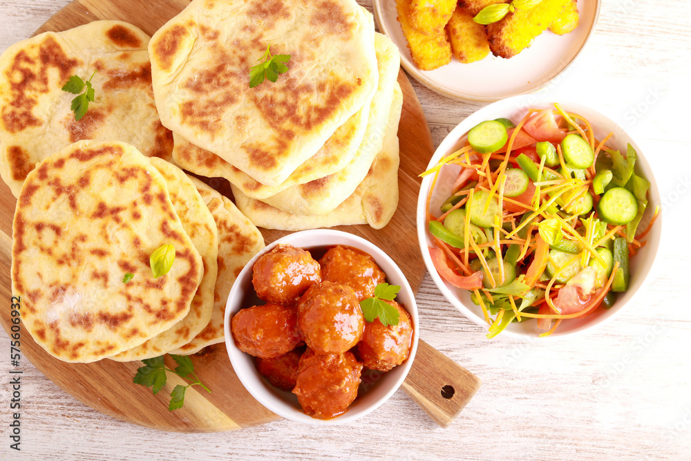 meal with meatballs, salad and flatbreads meal with meatballs, salad and flatbreads