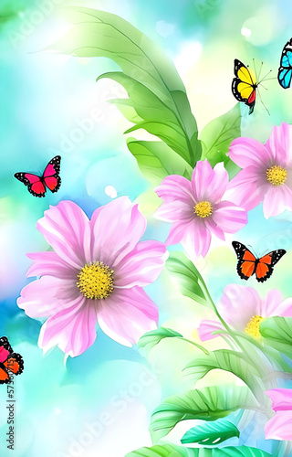 Beautiful flowers and butterflys watercolor wallpaper. AI generated illustration