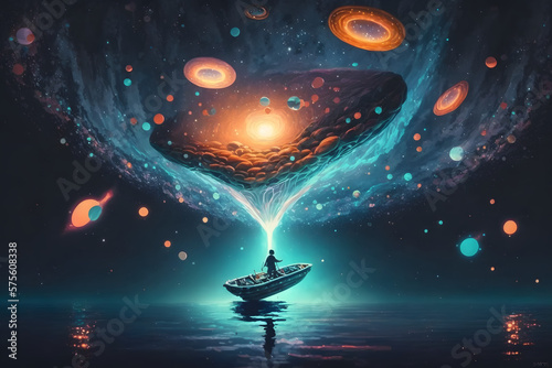 Ship floating in the cosmic ocean the sense of memory dominates, made with Generative AI photo