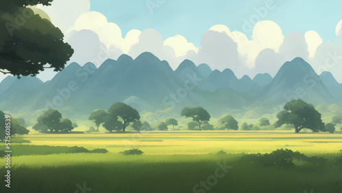 Beautiful Mountains and Farmlands Scenery Detailed Hand Drawn Painting Illustration