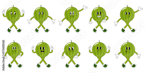 A Set of watermelon cartoon groovy stickers with funny comic characters, gloved hands. Modern illustration with legs and arms.