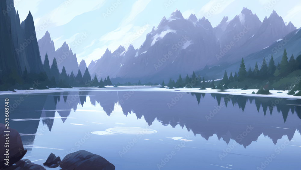 Naklejka premium Beautiful Lake Surrounded by Snowy Mountains and Hills Scenery Detailed Hand Drawn Painting Illustration