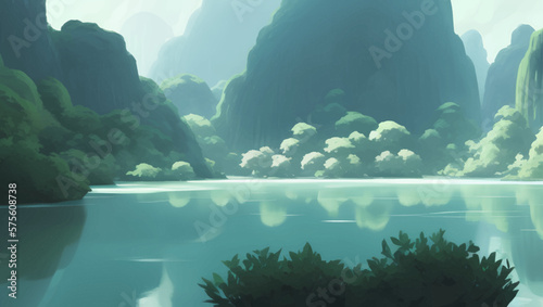 Beautiful Lake Surrounded by Mountains and Hills Scenery Detailed Hand Drawn Painting Illustration