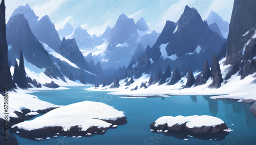 Beautiful Lake Surrounded by Snowy Mountains and Hills Scenery Detailed Hand Drawn Painting Illustration