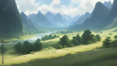 Beautiful Green Nature Mountains and River Scenery Detailed Hand Drawn Painting Illustration