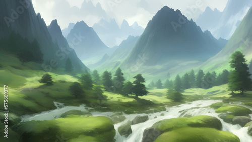 Beautiful Green Nature Mountains and River Scenery Detailed Hand Drawn Painting Illustration