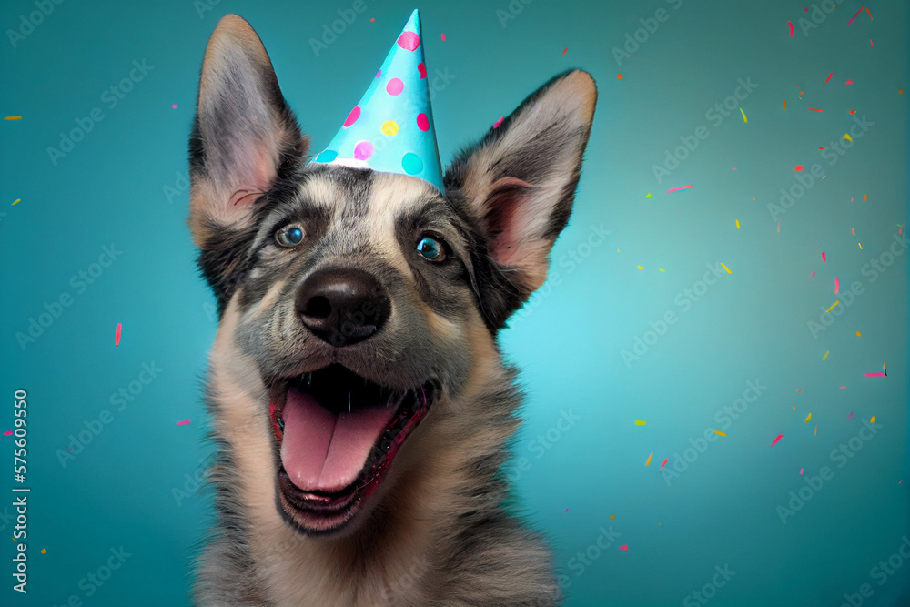 Happy dog wearing party hat. Birthday card background with confetti ...