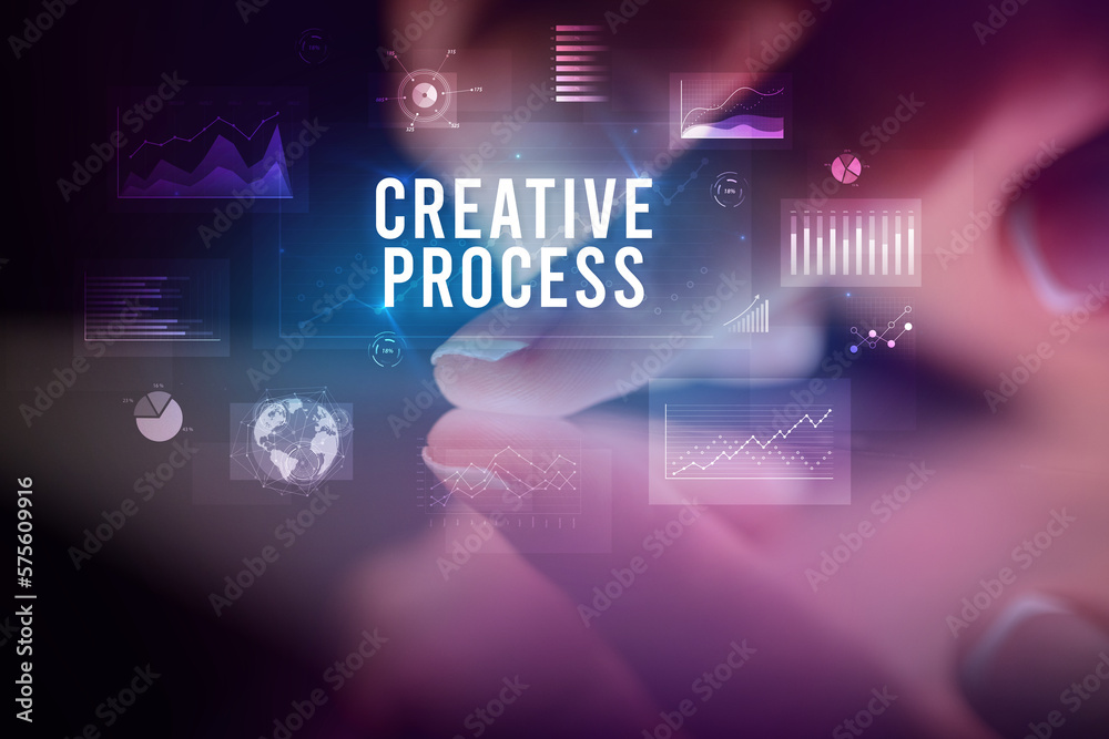 Finger touching tablet with business graphs and icons concept Finger touching tablet with business graphs and icons concept