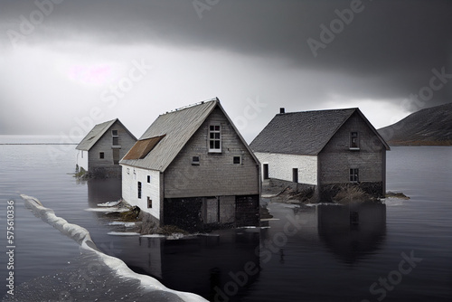 Flooded houses from rising sea level water. Climate change and global warming concept. Generative Ai