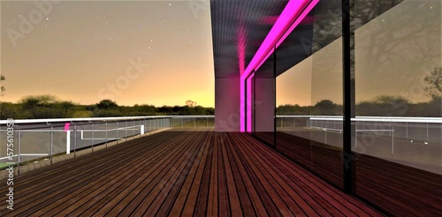 Amazing fenced terrace of the newly built country cottage. Eco-friendly decking as a floor cover. Mirrored sliding door reflecting night starry sky.